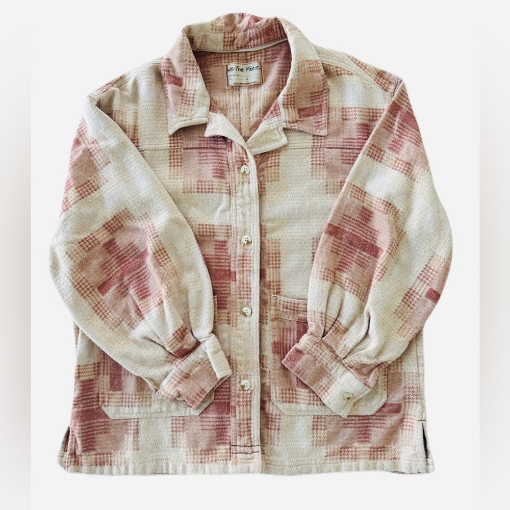 Women's Free People Pink Plaid Button-Up Jacket Long Sleeve Shirt Size Small